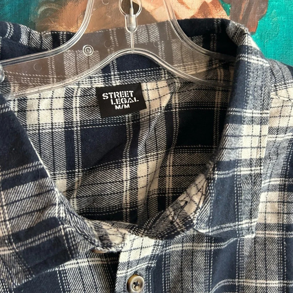 Navy and White Plaid Flannel Casual Button-Down Shirt - Picture 16 of 16